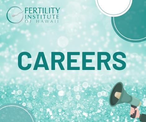 Fertility Institute careers graphic with sparkling teal background, promoting job opportunities in reproductive healthcare and support services.