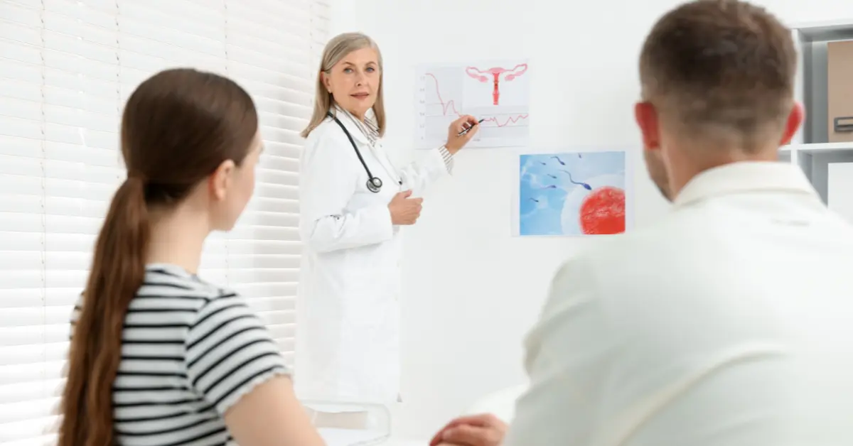 Fertility testing clinics consultation with a smiling couple meeting with a doctor in a bright, modern office.