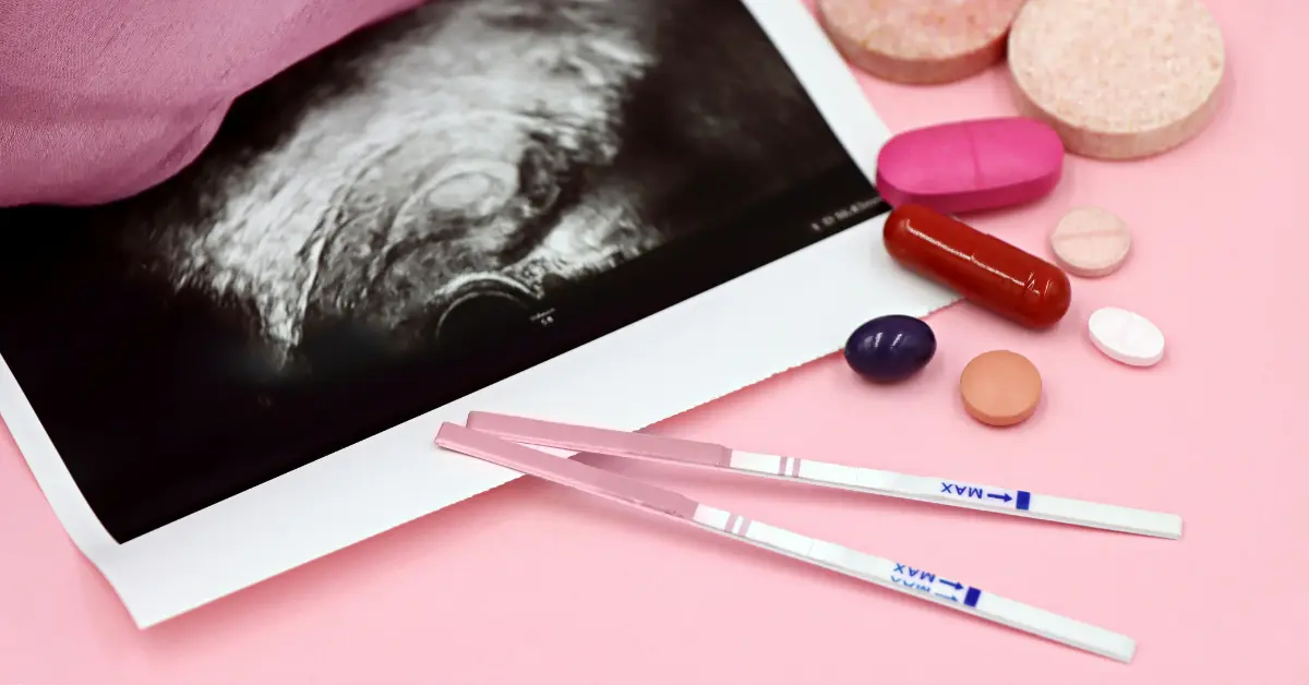 In vitro fertilization procedure concept shown with pregnancy tests, supplements, and an ultrasound image on a pink background.