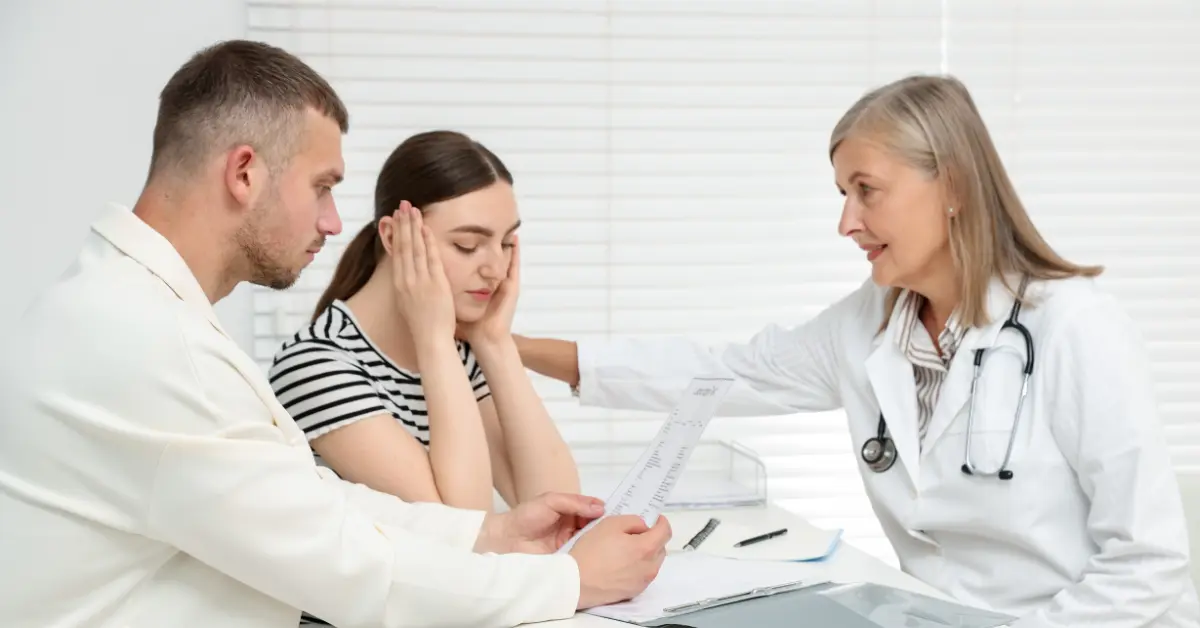 Male reproductive health screening discussion with a concerned couple and female doctor reviewing test results.
