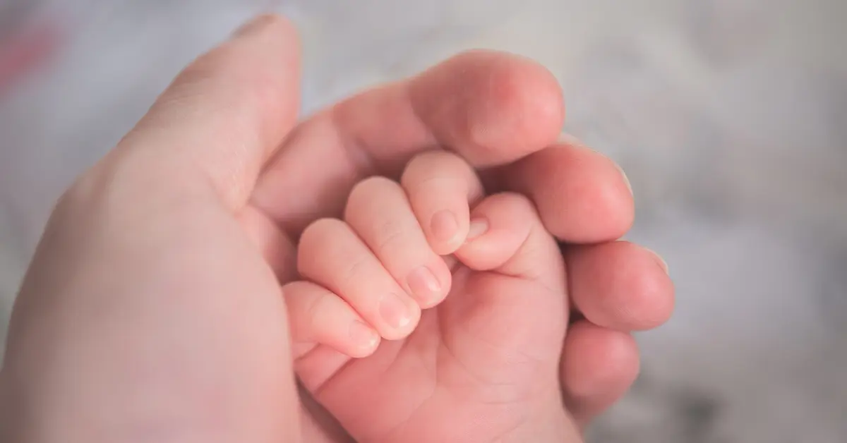 Newborn baby hand gently holding an adult finger in a close-up moment of bonding
